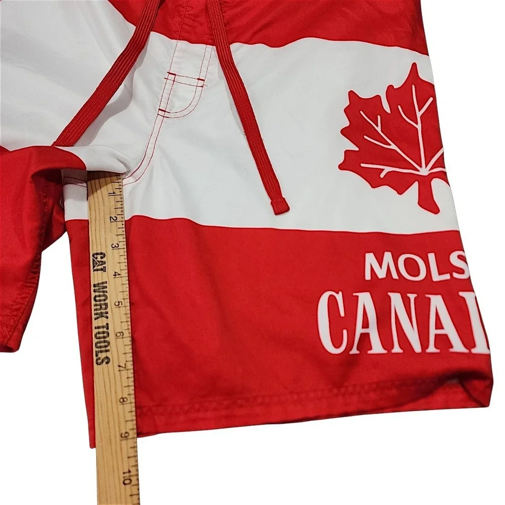 Molson Canadian Board Shorts L Mens Red White Maple Leaf Promo Swim Trunks Beach